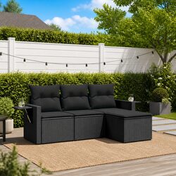 Garden Sofa Set 4 Piece Outdoor Furniture Black Poly Rattan Patio Lounge with