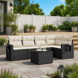 Garden Sofa Set 6 Piece Black Poly Rattan Outdoor Furniture with Cushions