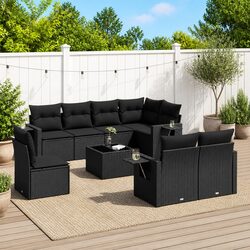 Garden Sofa Set 9 Piece Outdoor Patio Furniture Black Poly Rattan with Cushions