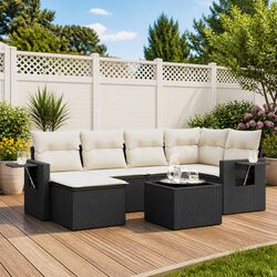 7 Piece Garden Sofa Set with Cushions Black Poly Rattan Outdoor Furniture
