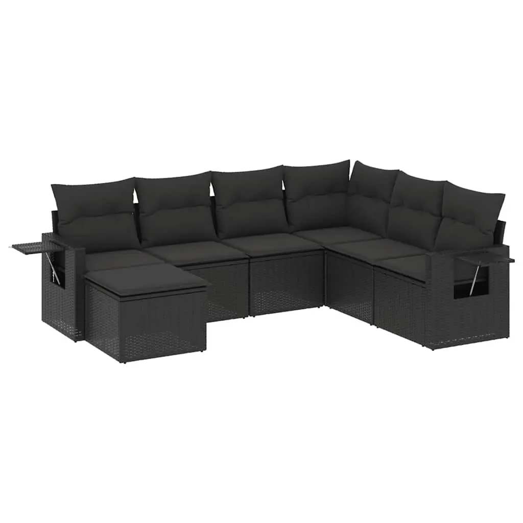 7 Piece Outdoor Garden Sofa Set with Storage Cushions Black Poly Rattan Patio