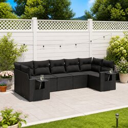 Outdoor Garden Sofa Set 7 Piece Black Poly Rattan Patio Furniture with Cushions