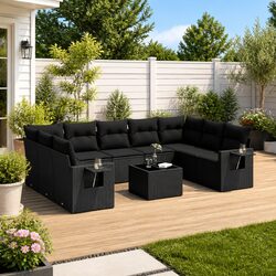 Garden Sofa Set 10 Piece Outdoor Furniture Black Poly Rattan Modular Patio