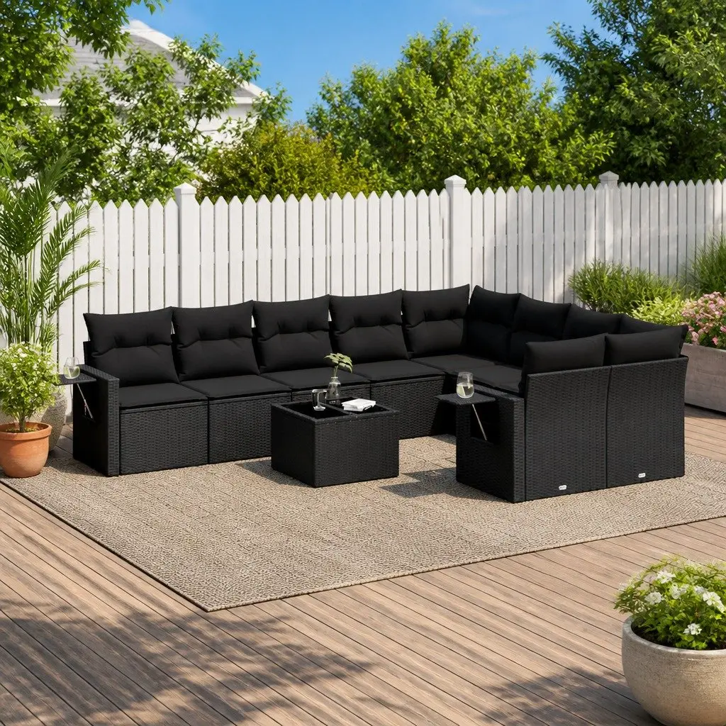 Garden Sofa Set 10 Piece Outdoor Furniture Patio Black Poly Rattan Modular