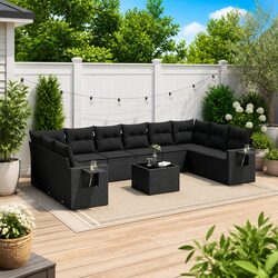 Garden Sofa Set 11 Piece Outdoor Furniture Patio Lounge Black Poly Rattan with