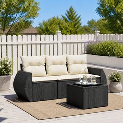 4 Piece Outdoor Garden Sofa Set Black Poly Rattan Patio Furniture with Cushions