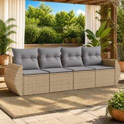 4 Piece Garden Sofa Set with Cushions Beige Poly Rattan Outdoor Furniture