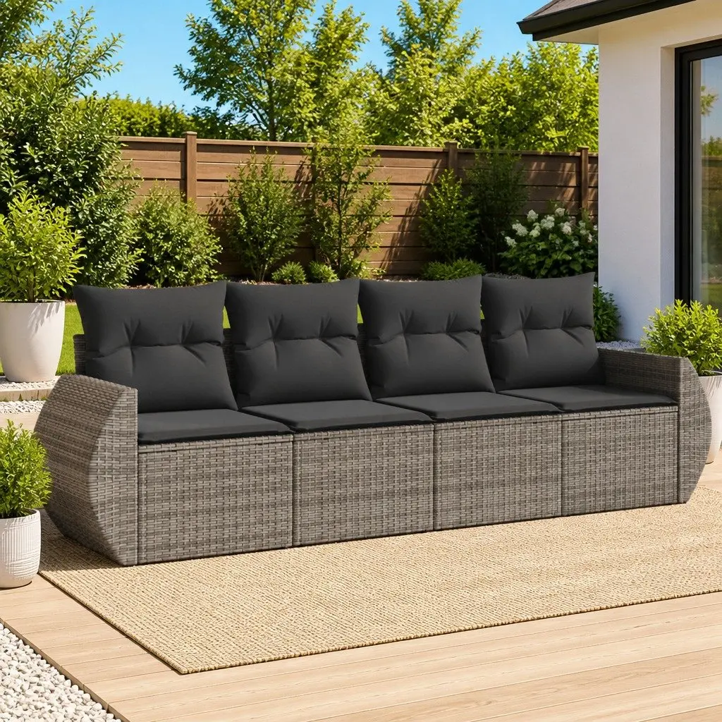 4 Piece Garden Sofa Set Grey PE Rattan Outdoor Furniture with Storage and Cushions