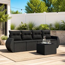 5 Piece Outdoor Garden Sofa Set with Storage Cushions Black Poly Rattan Patio