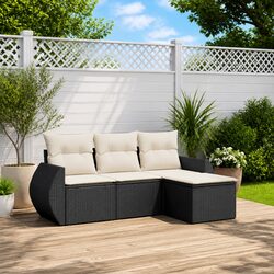 4 Piece Garden Sofa Set with Storage Cushions Black Poly Rattan Outdoor Patio