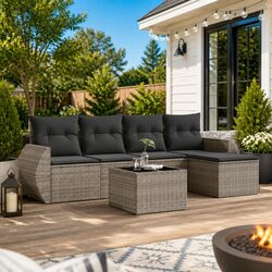 Garden Sofa Set 6 Piece Outdoor Furniture Grey Poly Rattan Modular with Storage