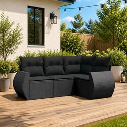 Outdoor Garden Sofa Set 4 Piece Black Poly Rattan Patio Furniture with Storage
