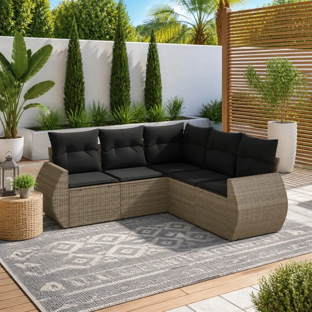 5-Piece Garden Sofa Set Grey Poly Rattan Outdoor Furniture with Storage Cushions