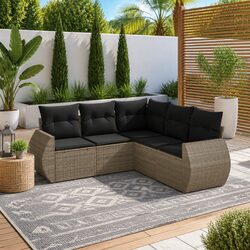 5-Piece Garden Sofa Set Grey Poly Rattan Outdoor Furniture with Storage Cushions