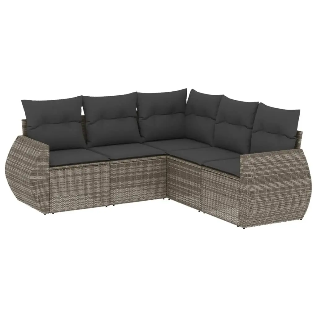 5-Piece Garden Sofa Set Grey Poly Rattan Outdoor Furniture with Storage Cushions