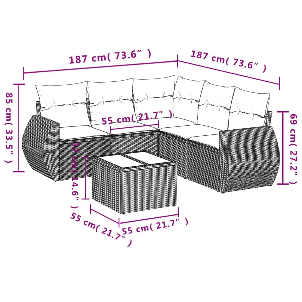6 Piece Outdoor Garden Sofa Set Grey Poly Rattan Patio Furniture with Storage