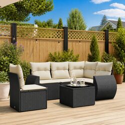 Garden Sofa Set 6 Piece Outdoor Furniture Black Poly Rattan Patio Lounge with