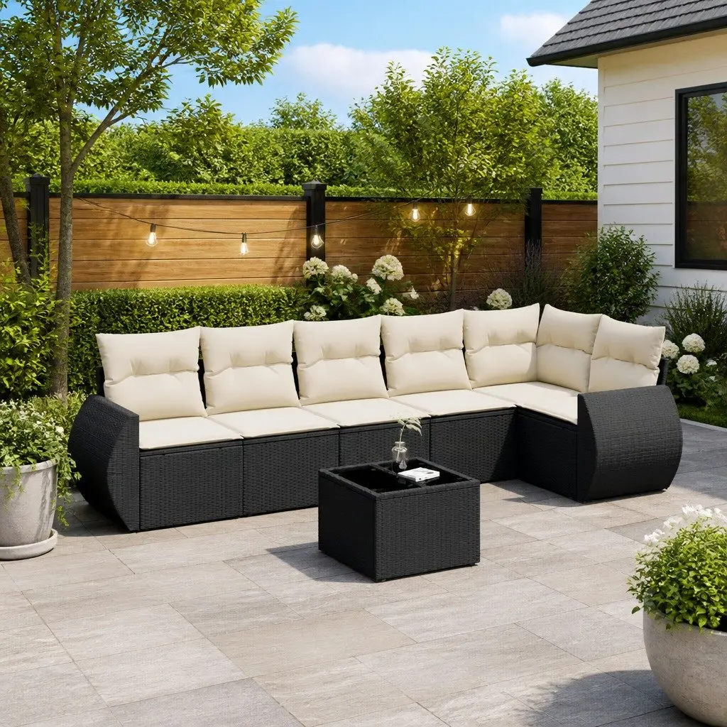 7 Piece Garden Sofa Set with Cushions Storage Black Outdoor Patio Furniture