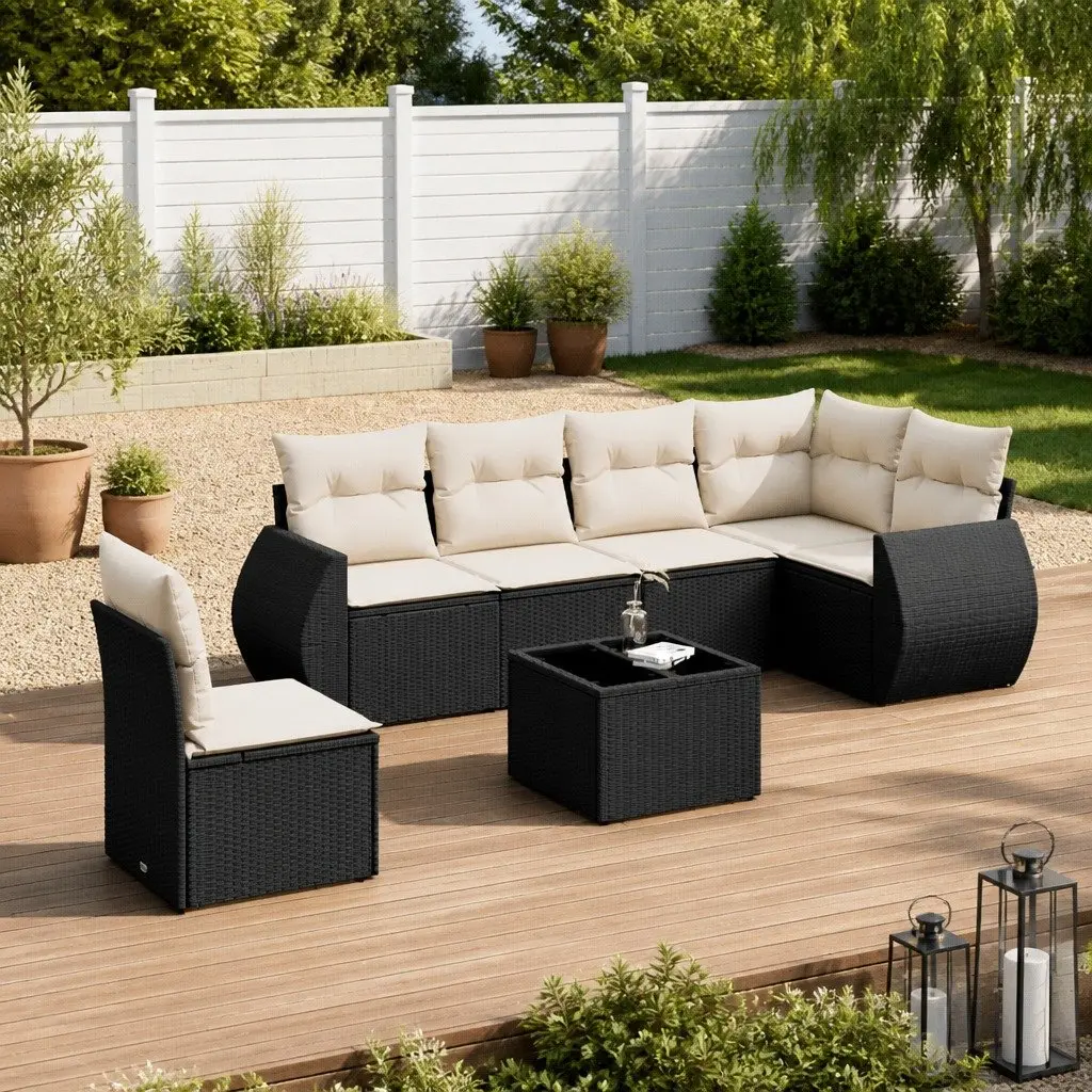 7 Piece Garden Sofa Set with Cushions Storage Black Outdoor Patio Furniture