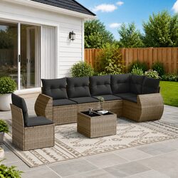 7 Piece Garden Sofa Set Grey Poly Rattan Outdoor Furniture Patio Sectional With