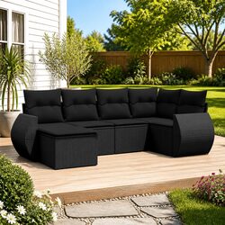 6 Piece Garden Sofa Set Outdoor Patio Furniture with Cushions Black Poly Rattan