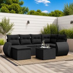 Garden Sofa Set 7 Piece Black Poly Rattan Outdoor Furniture with Storage