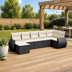 Garden Sofa Set 7 Piece Outdoor Furniture Black Poly Rattan Modular Patio