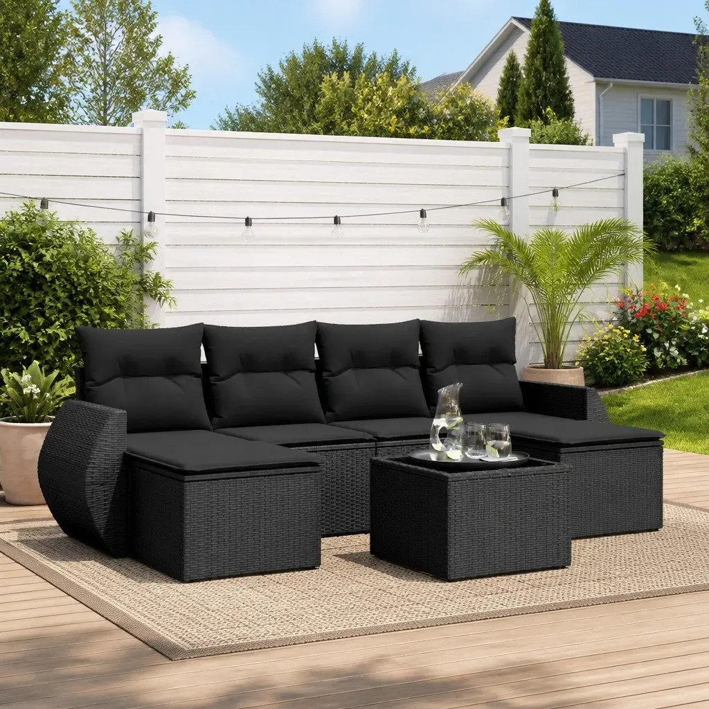 7 Piece Outdoor Garden Sofa Set Black Poly Rattan Patio Furniture with Storage