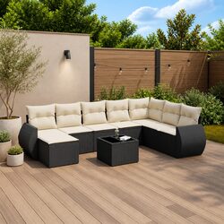 9 Piece Garden Sofa Set Outdoor Furniture Black Poly Rattan with Cushions