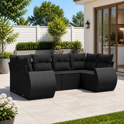 Garden Sofa Set 6 Piece Outdoor Patio Furniture Black Poly Rattan with Cushions