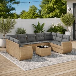 Garden Sofa Set 10 Piece Outdoor Furniture Patio Beige Poly Rattan with Cushions