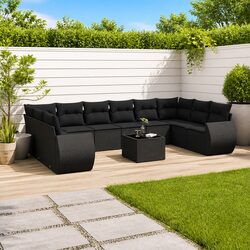 Garden Sofa Set 11 Piece Outdoor Furniture Black Poly Rattan Patio Lounge with