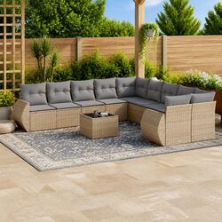Garden Sofa Set 11 Piece Outdoor Furniture Patio Beige Poly Rattan with Cushions