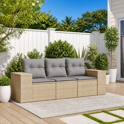 3 Piece Garden Sofa Set with Cushions Beige Poly Rattan Outdoor Patio Furniture
