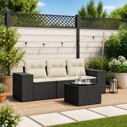 Garden Sofa Set 4 Piece Outdoor Furniture Black Poly Rattan with Cushions