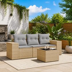 Garden Sofa Set 4 Piece Outdoor Furniture Patio Beige Poly Rattan with Cushions