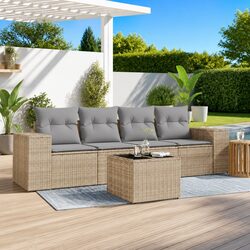Outdoor Garden Sofa Set 5 Piece Beige Poly Rattan Patio Furniture with Cushions