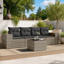 Garden Sofa Set 5 Piece Outdoor Furniture Grey Poly Rattan with Storage Cushions