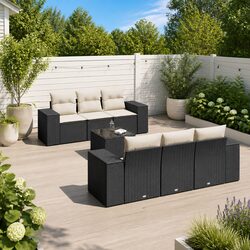 Garden Sofa Set 7 Piece Outdoor Furniture Black Poly Rattan with Cushions