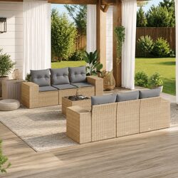 Garden Sofa Set 7 Piece Outdoor Furniture Beige Poly Rattan Patio Sectional