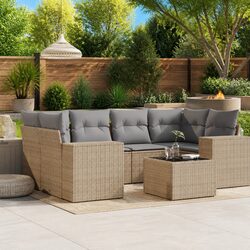 Garden Sofa Set 7 Piece Outdoor Furniture Patio Beige Poly Rattan with Cushions