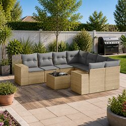 Garden Sofa Set 9 Piece Outdoor Furniture Beige Poly Rattan Patio Lounge with