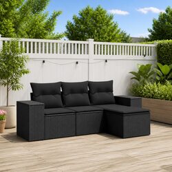 Outdoor Garden Sofa Set 4 Piece Black Poly Rattan Patio Furniture with Cushions