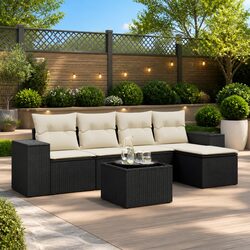 Garden Sofa Set 6 Piece Outdoor Furniture with Cushions Black Poly Rattan Patio