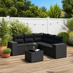 Garden Sofa Set 6 Piece Outdoor Furniture Black Poly Rattan Patio Seating with