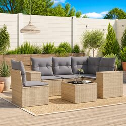 Garden Sofa Set 6 Piece Outdoor Furniture Beige Poly Rattan Patio Lounge with