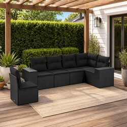 Garden Sofa Set 6 Piece Outdoor Furniture Black Poly Rattan Modular Patio Lounge