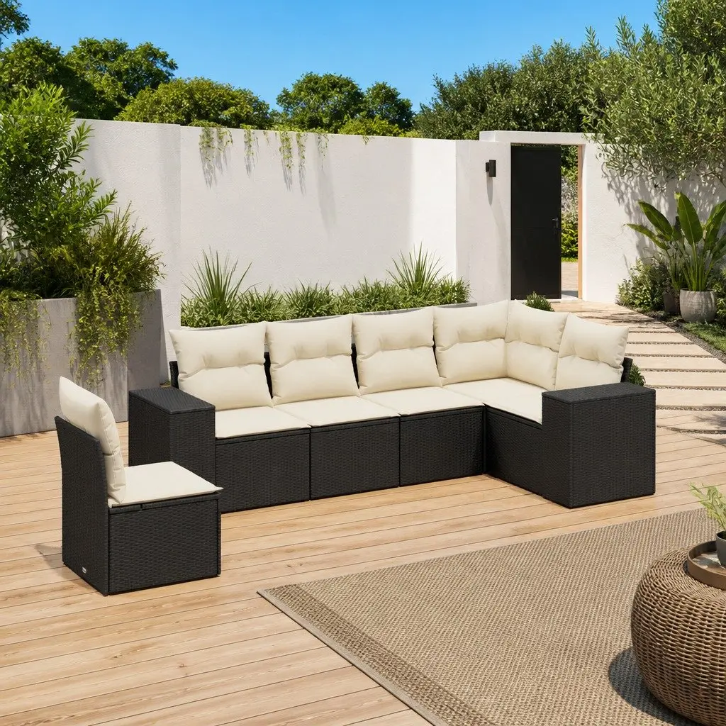 6 Piece Garden Sofa Set Outdoor Furniture Black Poly Rattan with Cushions Patio