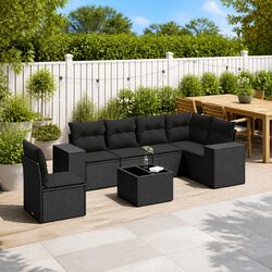Garden Sofa Set 7 Piece Outdoor Furniture Black Poly Rattan Patio Seating with