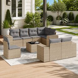 9 Piece Garden Sofa Set Beige Poly Rattan Outdoor Furniture Patio Sectional